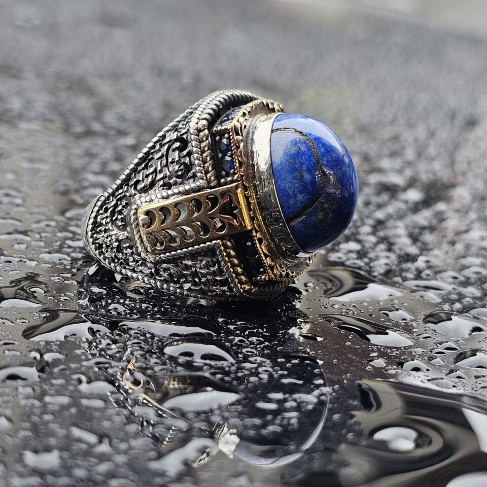 925 Ayar Lapis Lazuli Taşlı Üst Düzey El işi Erkek Yüzük