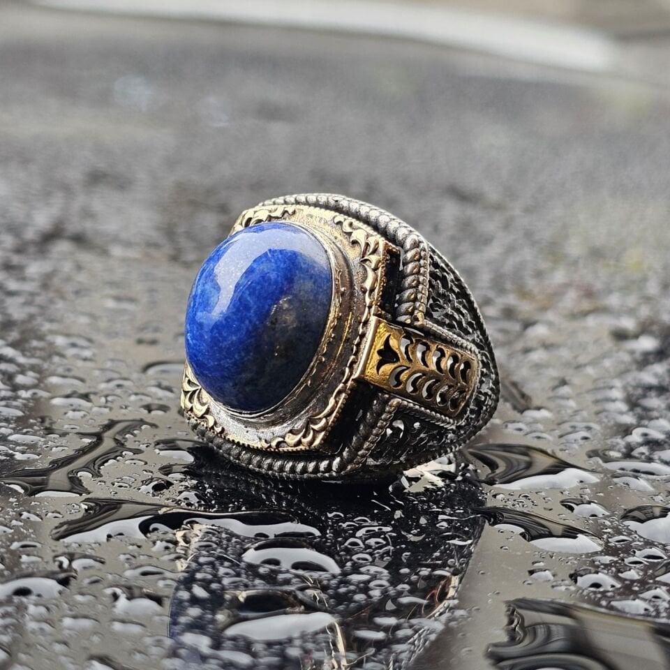 925 Ayar Lapis Lazuli Taşlı Üst Düzey El işi Erkek Yüzük