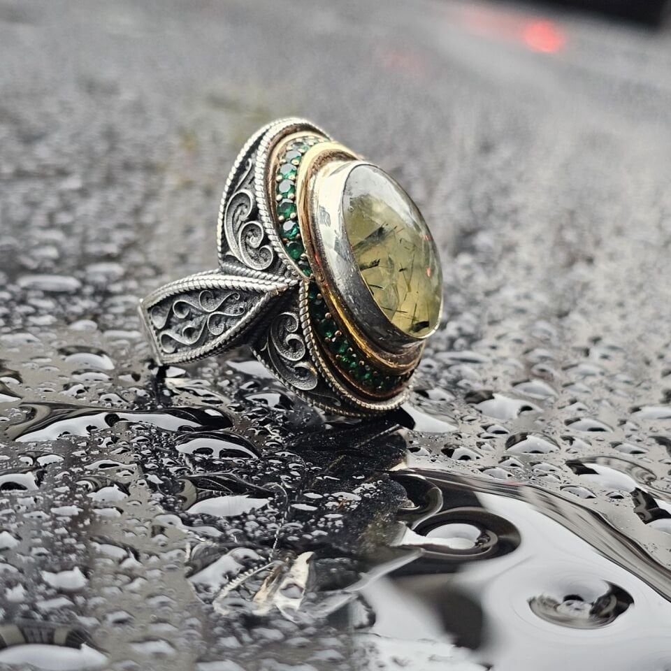 925 Ayar Turmalin Taşlı Üst Düzey El işi Erkek Yüzük