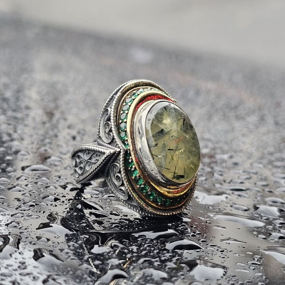 925 Ayar Turmalin Taşlı Üst Düzey El işi Erkek Yüzük