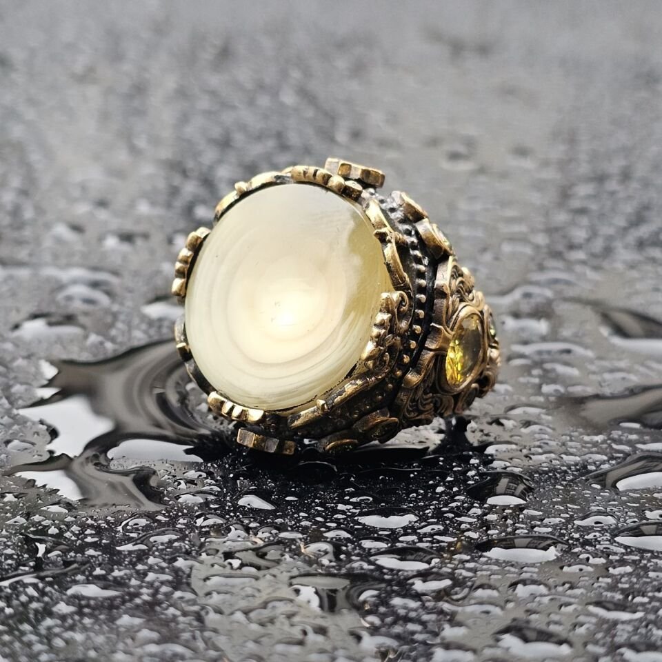 925 Ayar Gümüş Orjinal Galalit Taşlı Üst Düzey Usta işi Koleksiyonluk Erkek Yüzük