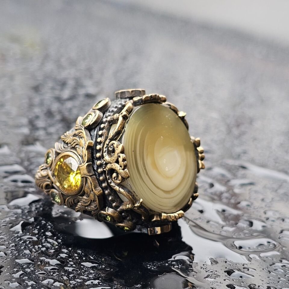 925 Ayar Gümüş Orjinal Galalit Taşlı Üst Düzey Usta işi Koleksiyonluk Erkek Yüzük