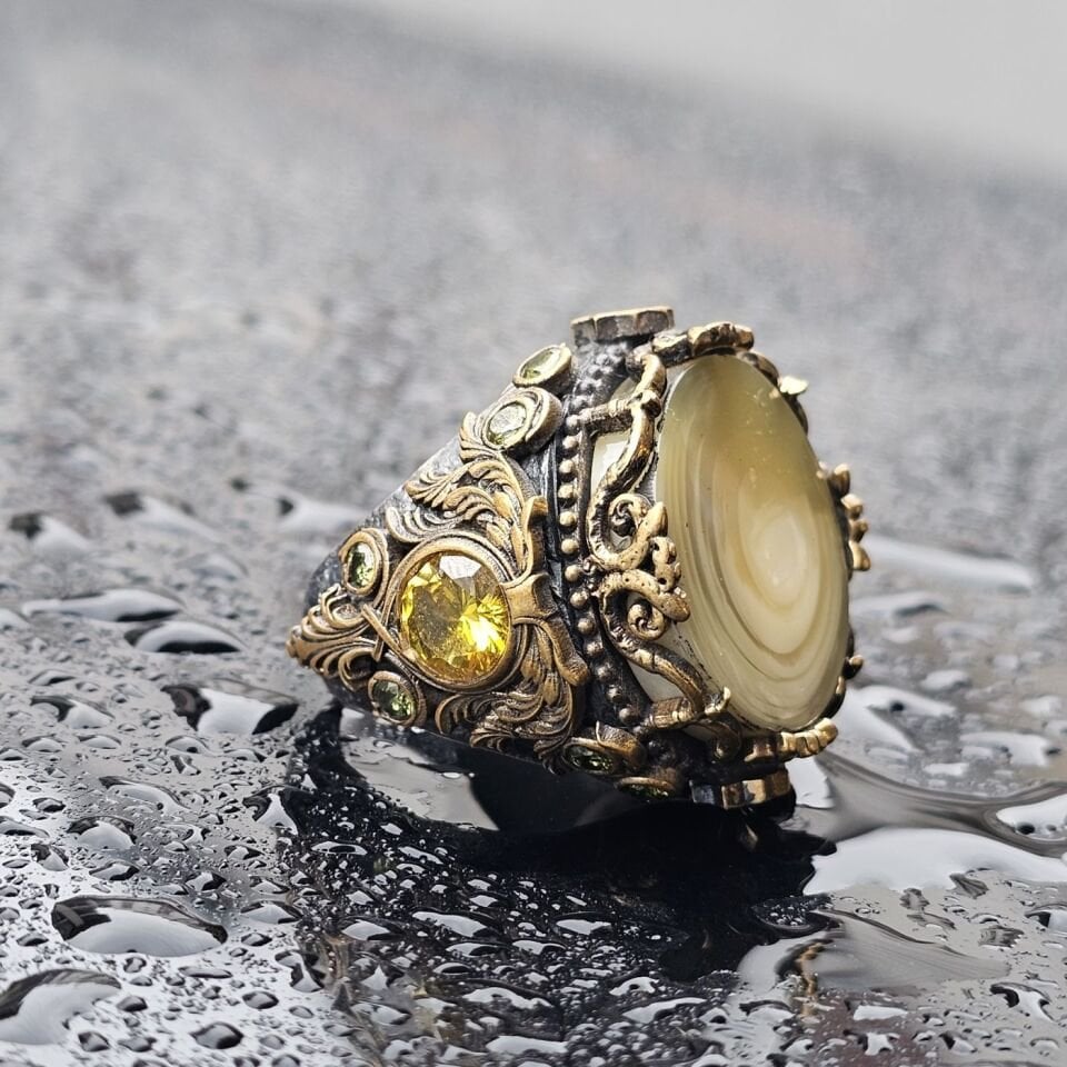 925 Ayar Gümüş Orjinal Galalit Taşlı Üst Düzey Usta işi Koleksiyonluk Erkek Yüzük