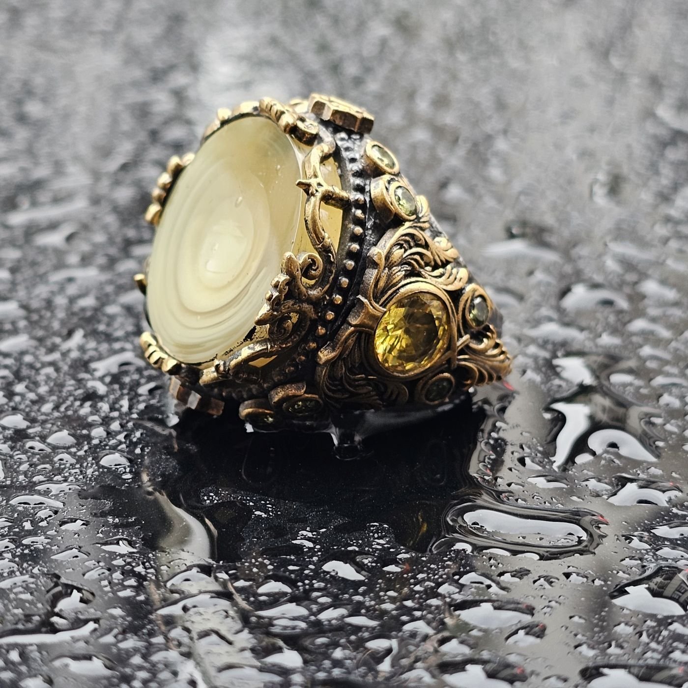 925 Ayar Gümüş Orjinal Galalit Taşlı Üst Düzey Usta işi Koleksiyonluk Erkek Yüzük