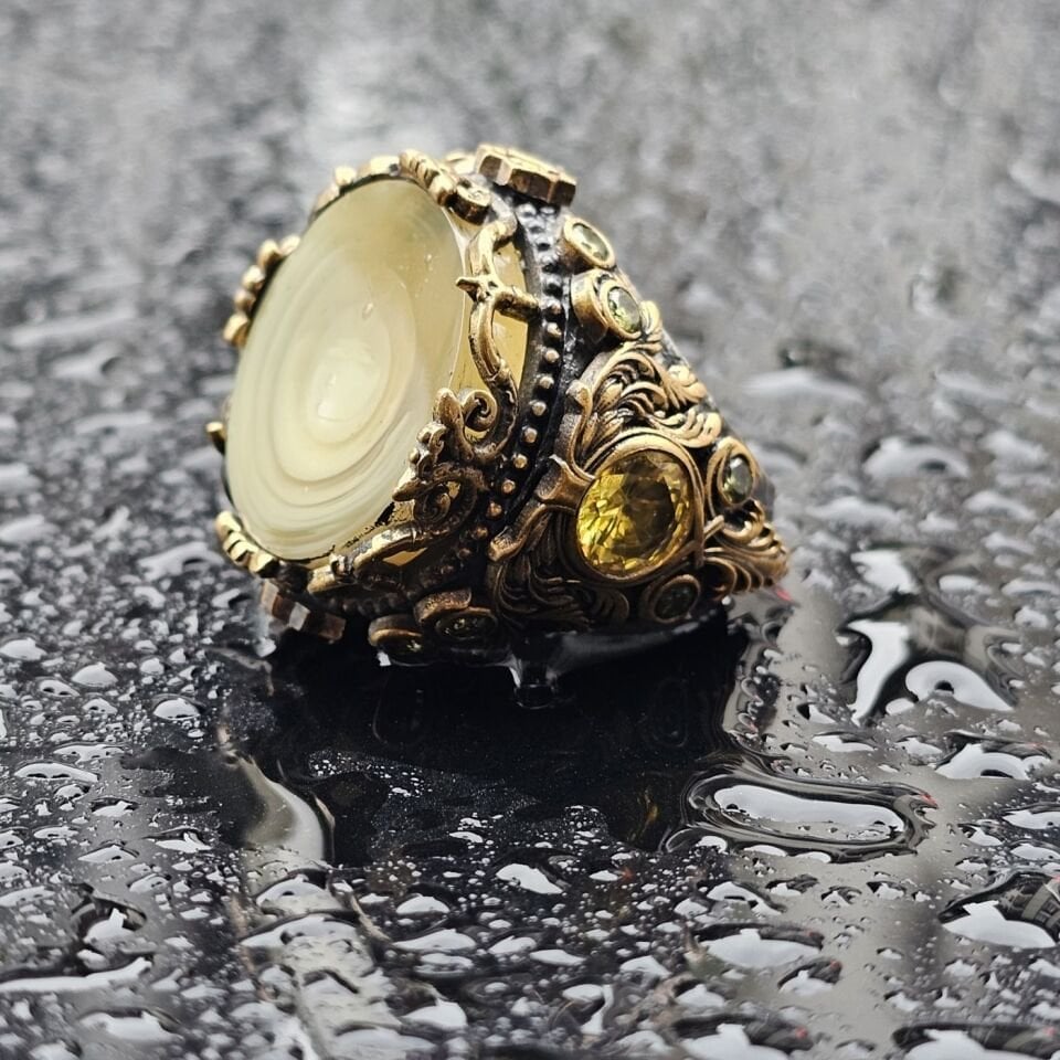 925 Ayar Gümüş Orjinal Galalit Taşlı Üst Düzey Usta işi Koleksiyonluk Erkek Yüzük