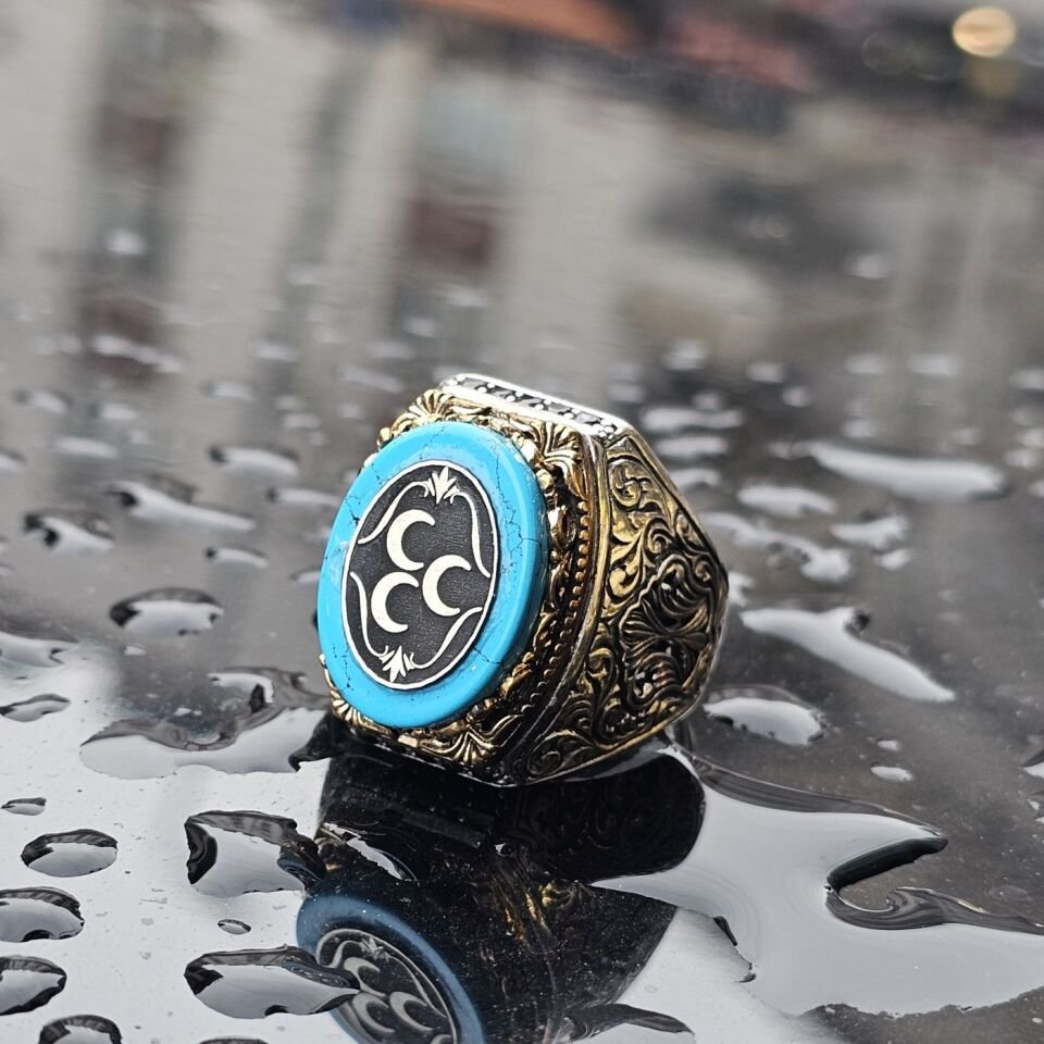 925 Ayar Gümüş Firuze Taşlı Üzeri  3 Hilal  İşlemeli Oyma Motif Erkek Yüzük