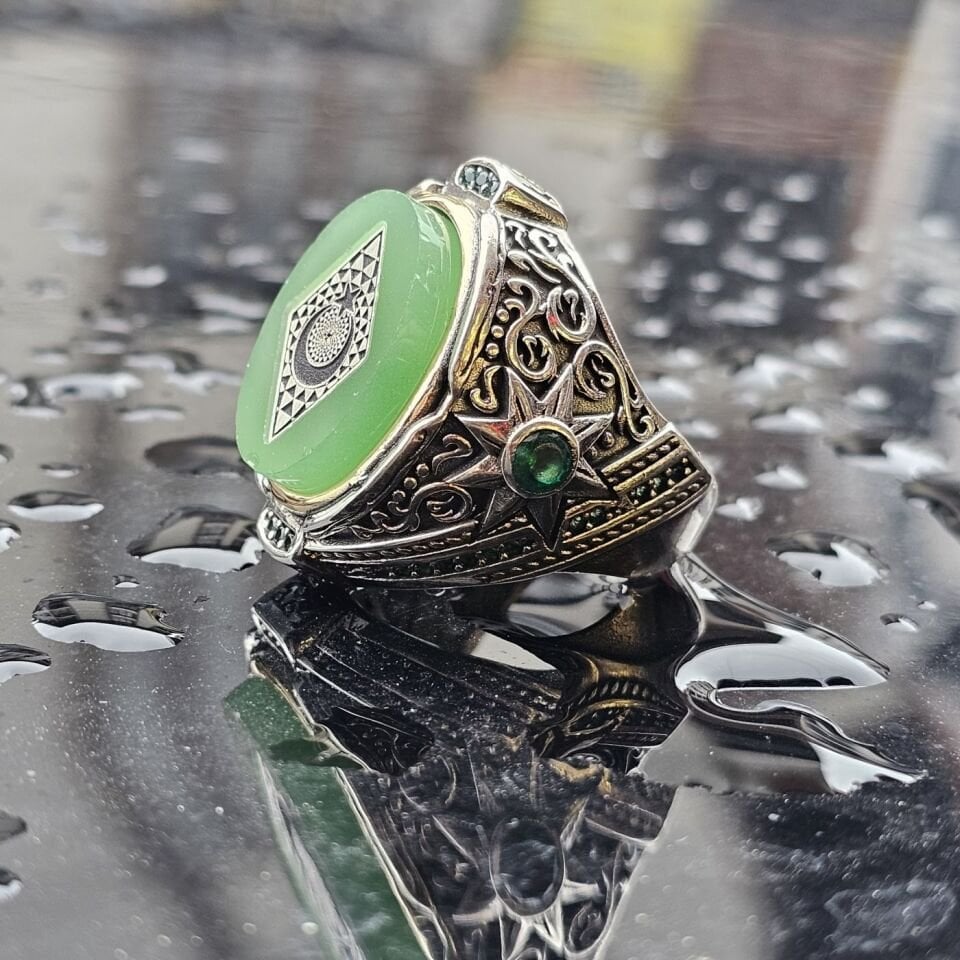 925 Ayar Gümüş Sıkma Kehribar Taşlı Üzeri Ay Yıldız İşlemeli Oyma Motif Erkek Yüzük