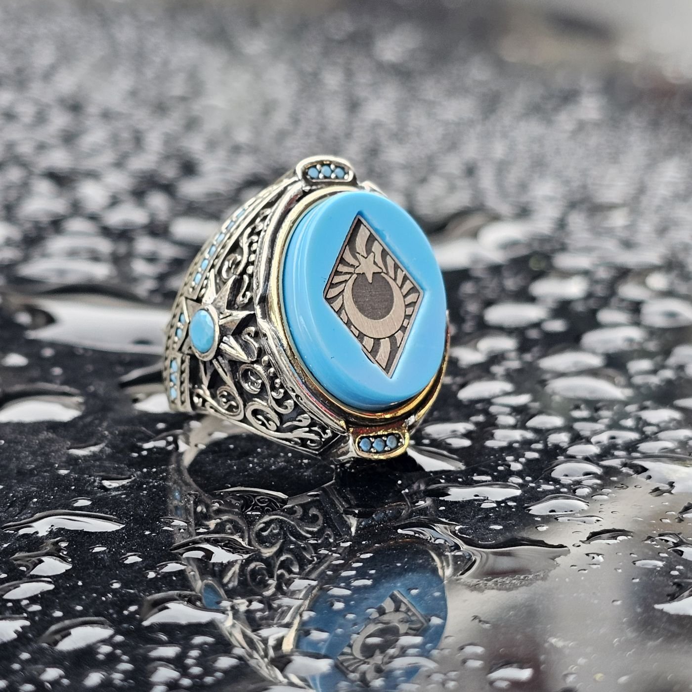 925 Ayar Gümüş Sıkma Kehribar Taş Ay Yıldız işlemeli Erkek Yüzük