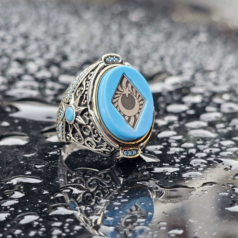 925 Ayar Gümüş Sıkma Kehribar Taş Ay Yıldız işlemeli Erkek Yüzük