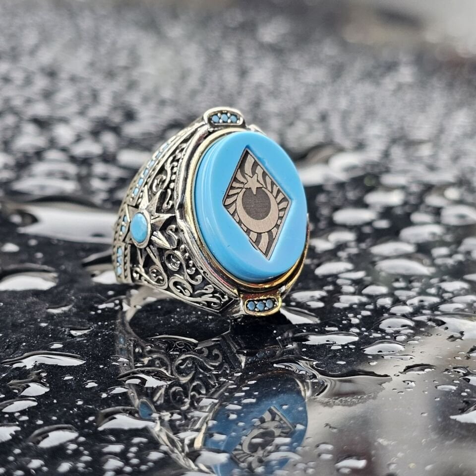 925 Ayar Gümüş Sıkma Kehribar Taş Ay Yıldız işlemeli Erkek Yüzük