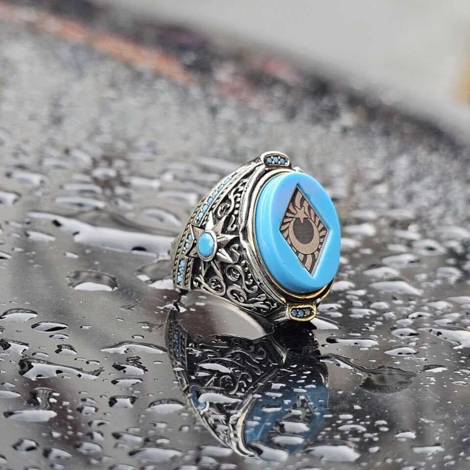 925 Ayar Gümüş Sıkma Kehribar Taş Ay Yıldız işlemeli Erkek Yüzük