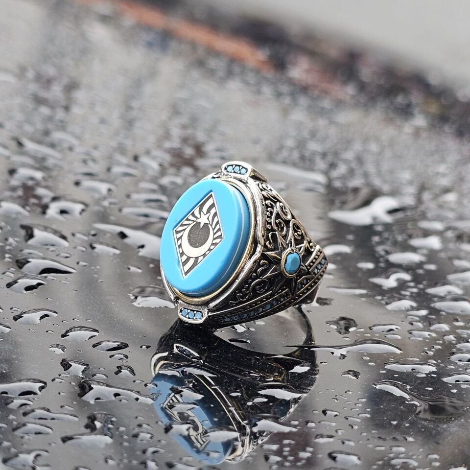 925 Ayar Gümüş Sıkma Kehribar Taş Ay Yıldız işlemeli Erkek Yüzük