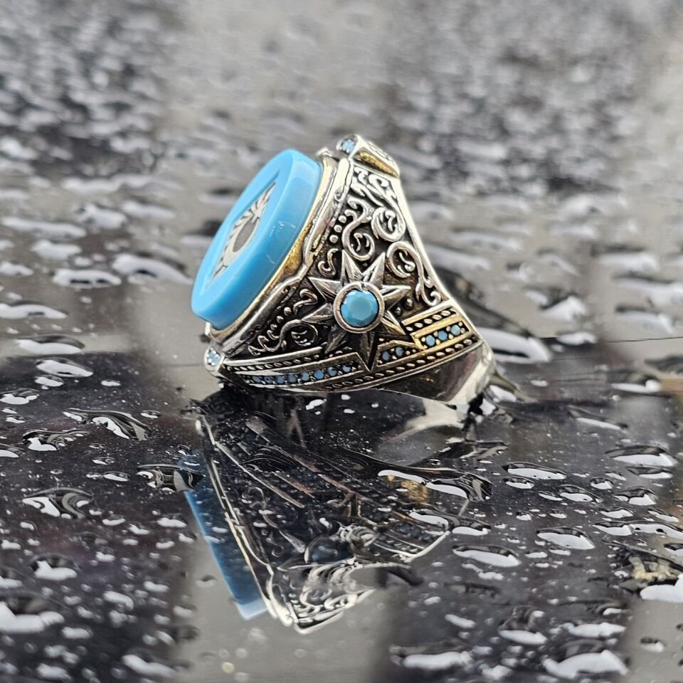 925 Ayar Gümüş Sıkma Kehribar Taş Ay Yıldız işlemeli Erkek Yüzük