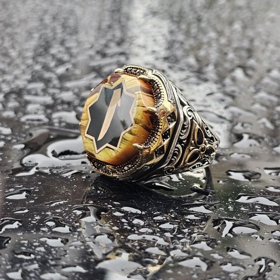 925 Ayar Gümüş Sıkma Kehribar Arapça Elif harfi işlemeli Erkek Yüzük