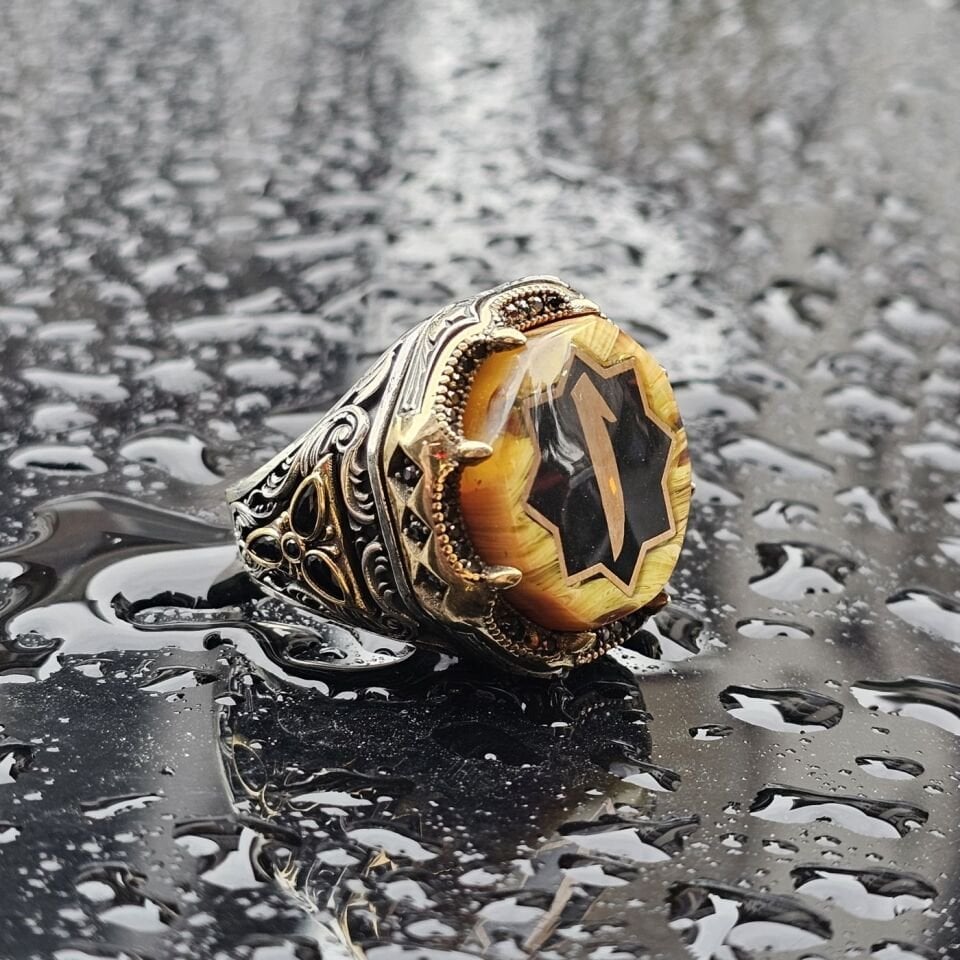 925 Ayar Gümüş Sıkma Kehribar Arapça Elif harfi işlemeli Erkek Yüzük