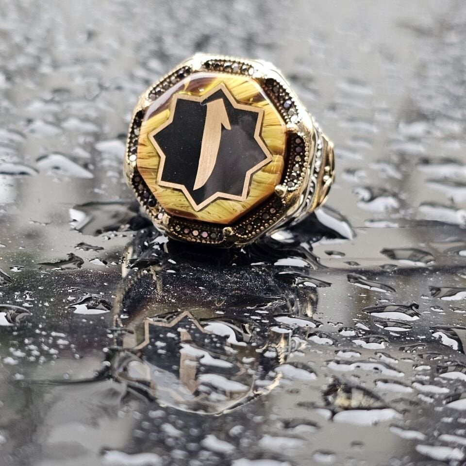 925 Ayar Gümüş Sıkma Kehribar Arapça Elif harfi işlemeli Erkek Yüzük