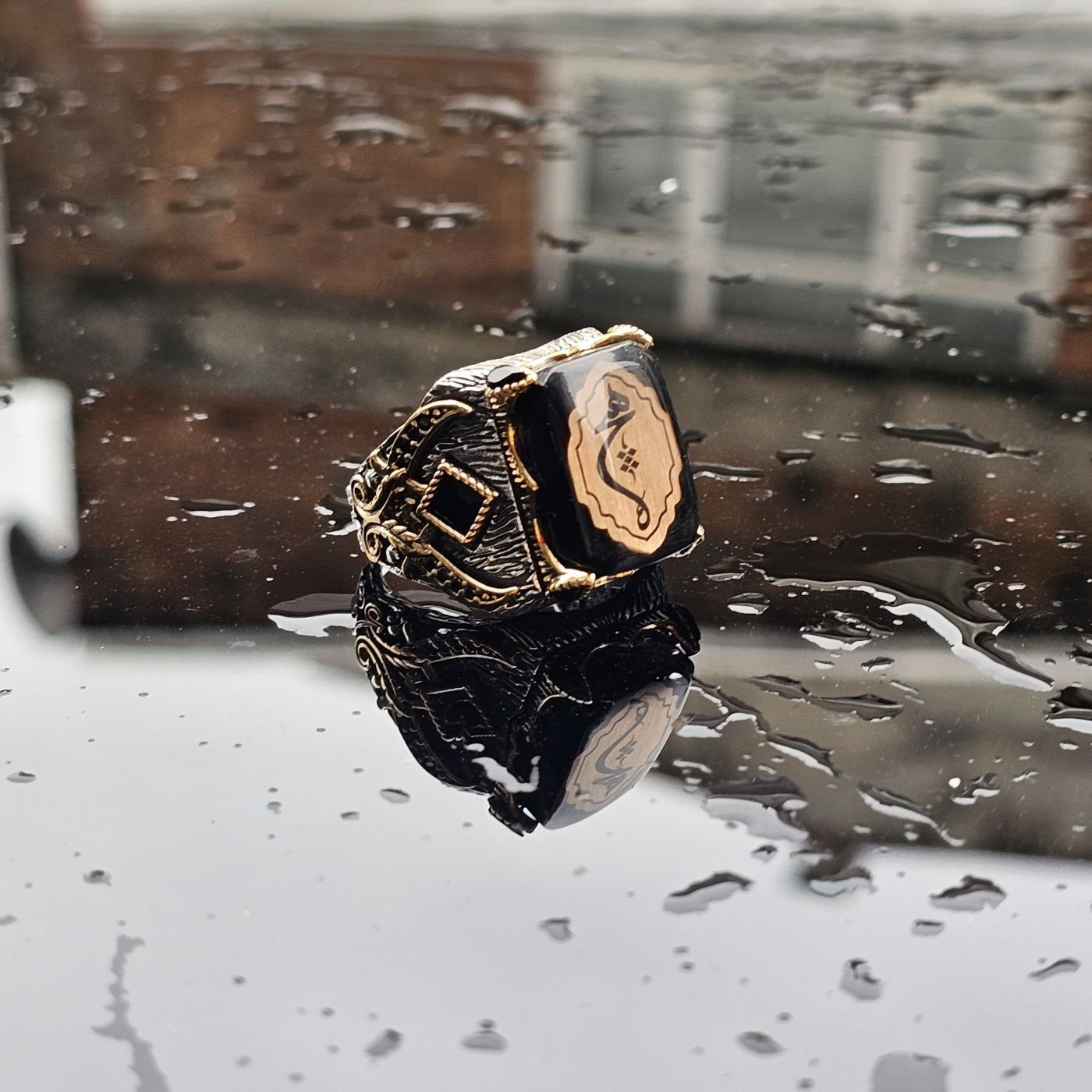 925 Ayar Gümüş Sıkma Kehribar Taş Arapça Hiç yazılı Erkek Yüzük