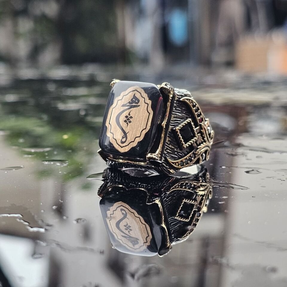 925 Ayar Gümüş Sıkma Kehribar Taş Arapça Hiç yazılı Erkek Yüzük