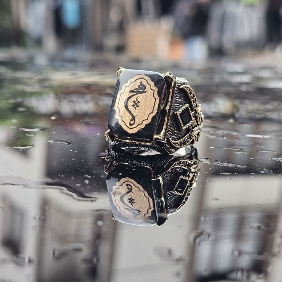 925 Ayar Gümüş Sıkma Kehribar Taş Arapça Hiç yazılı Erkek Yüzük