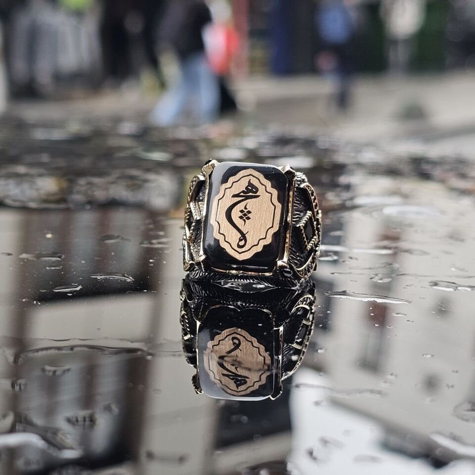 925 Ayar Gümüş Sıkma Kehribar Taş Arapça Hiç yazılı Erkek Yüzük