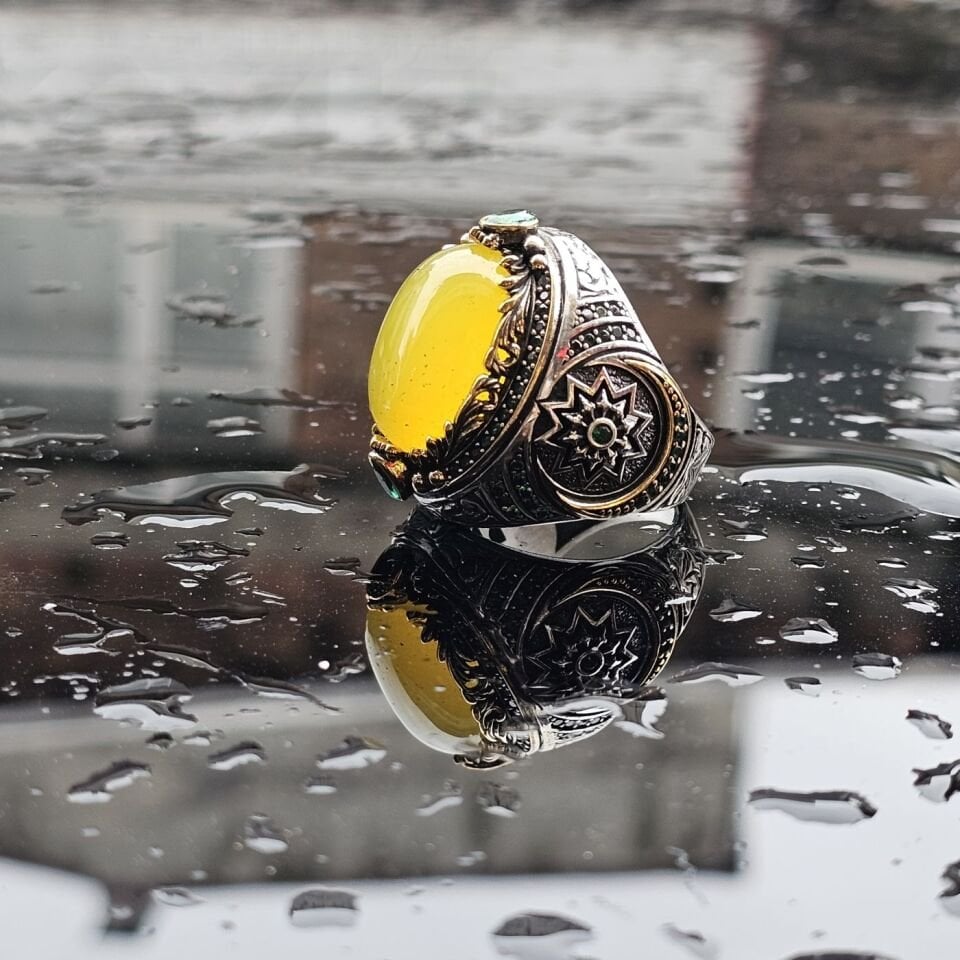 925 Ayar Gümüş Sarı Akik Taşlı Erkek Yüzük