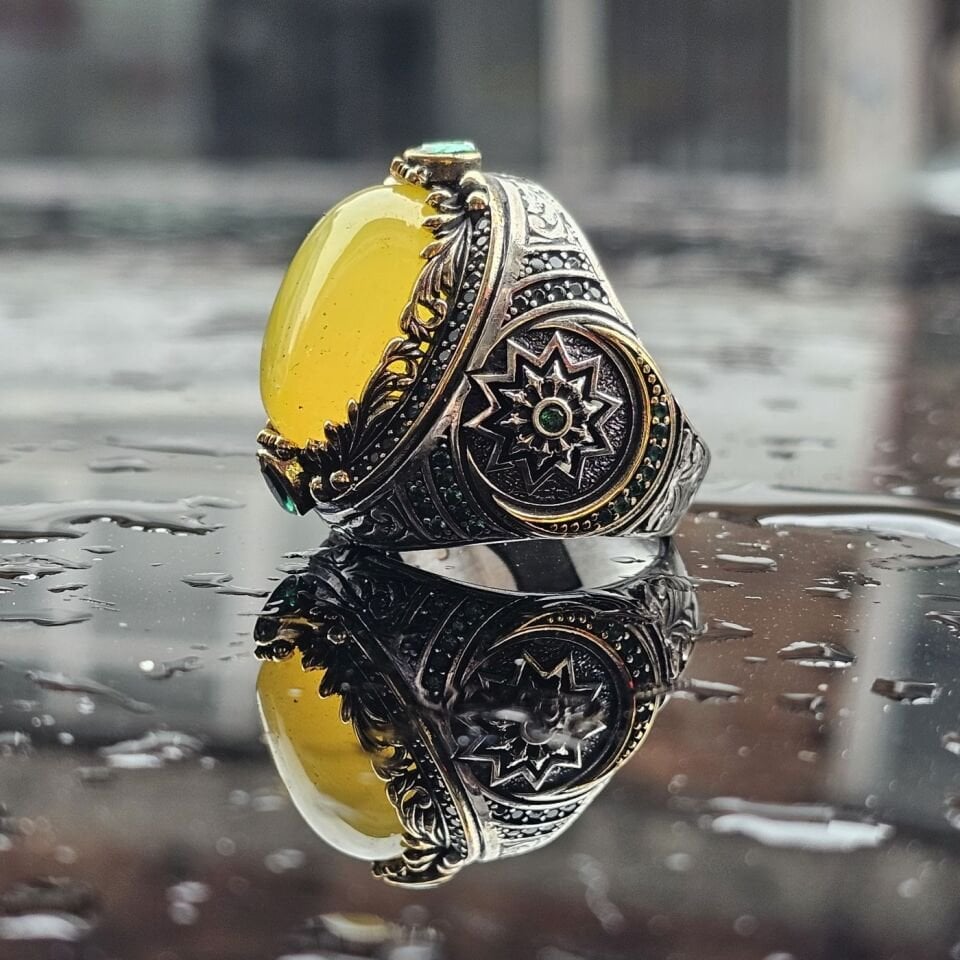 925 Ayar Gümüş Sarı Akik Taşlı Erkek Yüzük