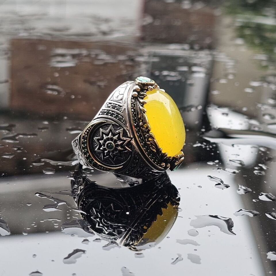 925 Ayar Gümüş Sarı Akik Taşlı Erkek Yüzük