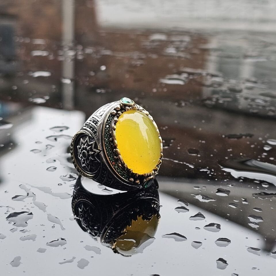 925 Ayar Gümüş Sarı Akik Taşlı Erkek Yüzük