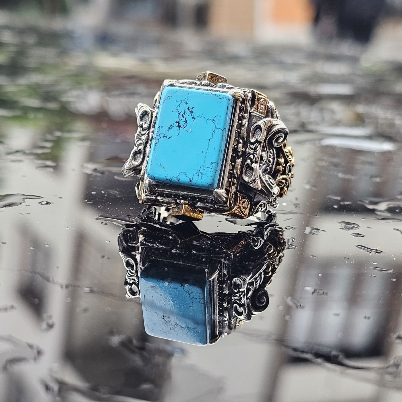 925 Ayar Gümüş Firuze Taşlı Erkek Yüzük