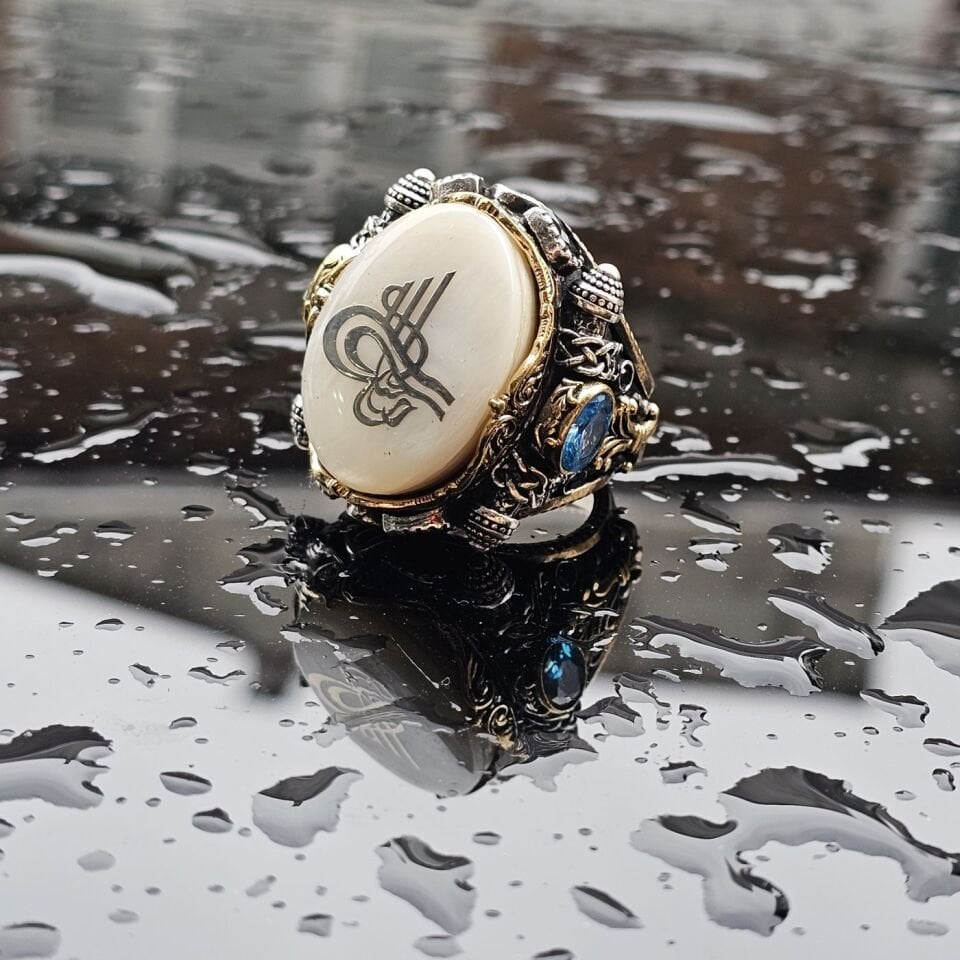 925 Ayar Gümüş Sedef Taşlı Osmanlı Tuğra işlemeli Usta işi tasarım Erkek Yüzük