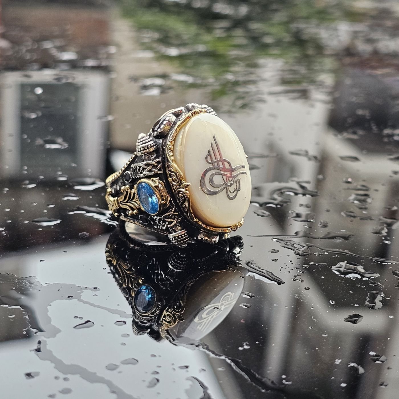 925 Ayar Gümüş Sedef Taşlı Osmanlı Tuğra işlemeli Usta işi tasarım Erkek Yüzük