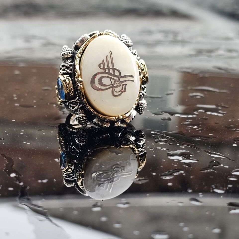 925 Ayar Gümüş Sedef Taşlı Osmanlı Tuğra işlemeli Usta işi tasarım Erkek Yüzük