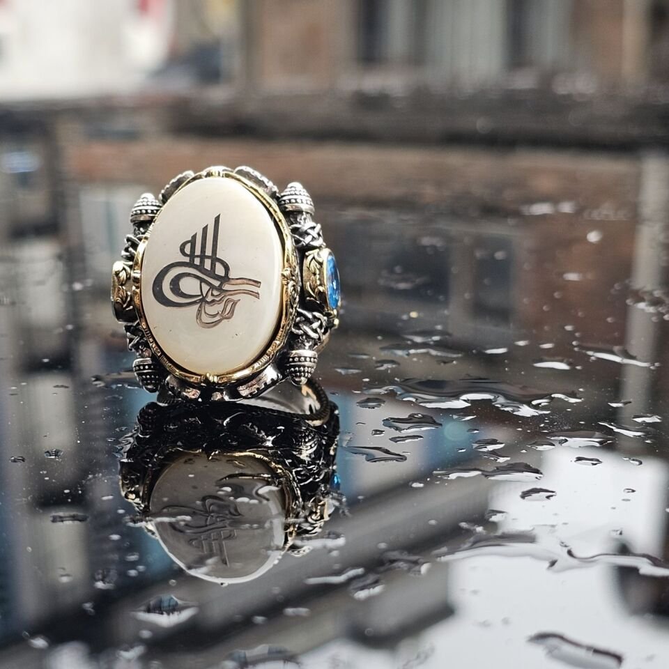 925 Ayar Gümüş Sedef Taşlı Osmanlı Tuğra işlemeli Usta işi tasarım Erkek Yüzük