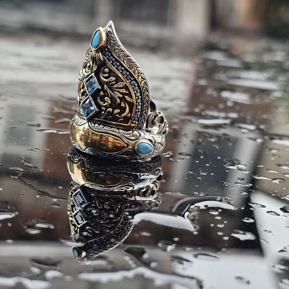 925 Ayar Gümüş Aqua Marine Taşlı Erkek Zihgir Modeli