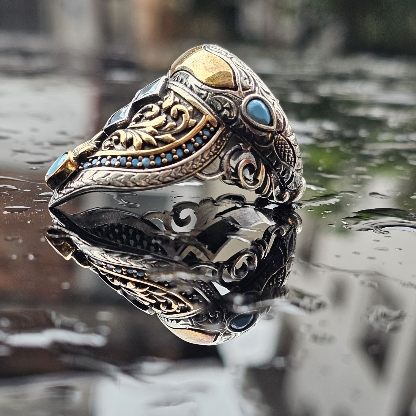 925 Ayar Gümüş Aqua Marine Taşlı Erkek Zihgir Modeli