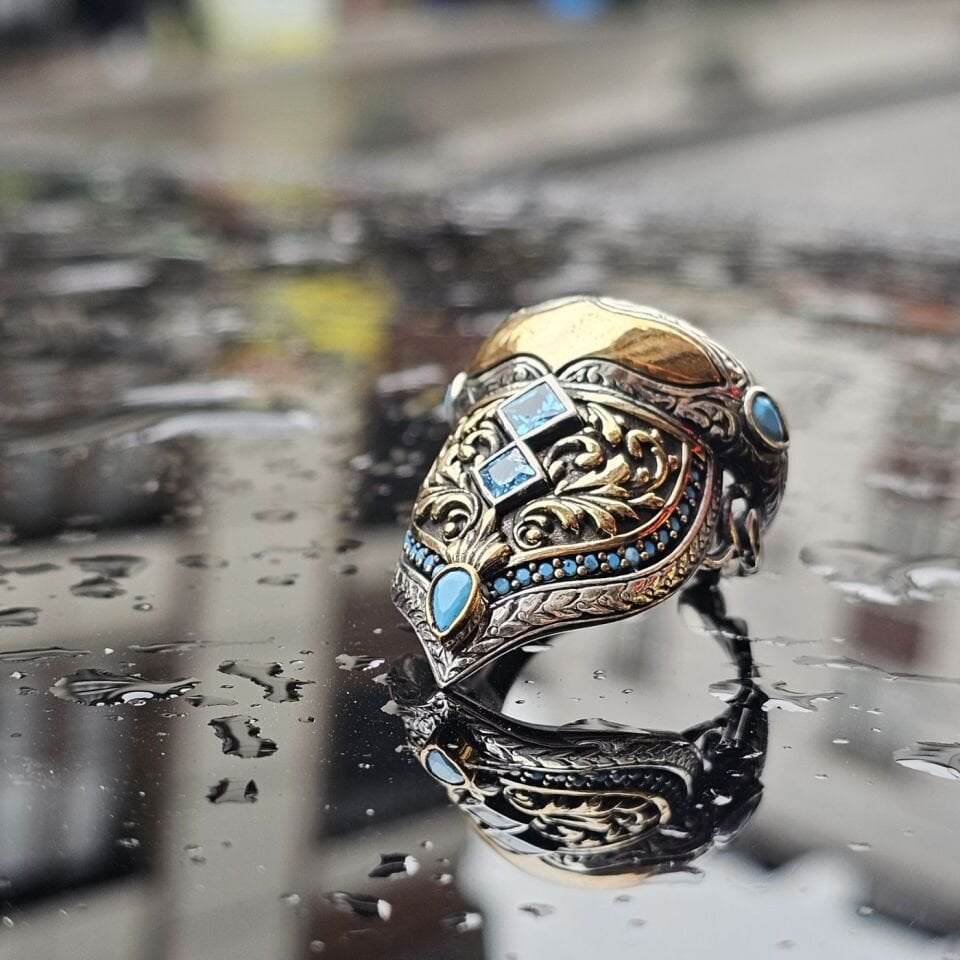 925 Ayar Gümüş Aqua Marine Taşlı Erkek Zihgir Modeli