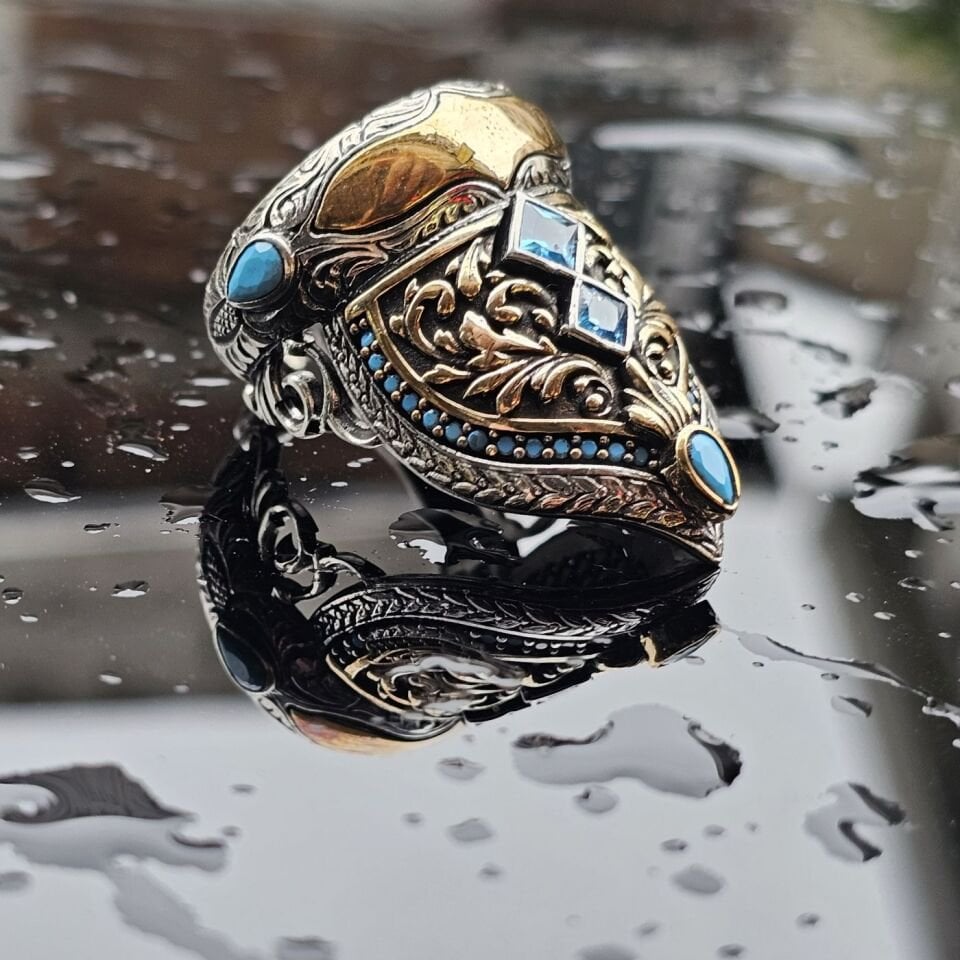 925 Ayar Gümüş Aqua Marine Taşlı Erkek Zihgir Modeli