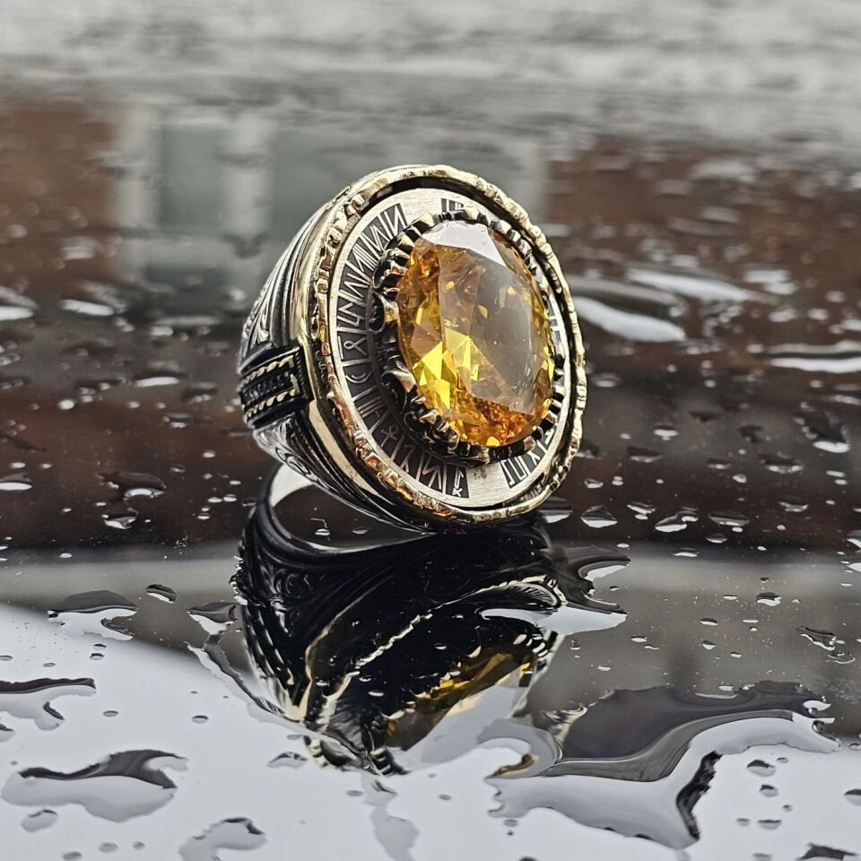 925 Ayar Gümüş Usta işçilikli Sitrin taşlı erkek yüzük