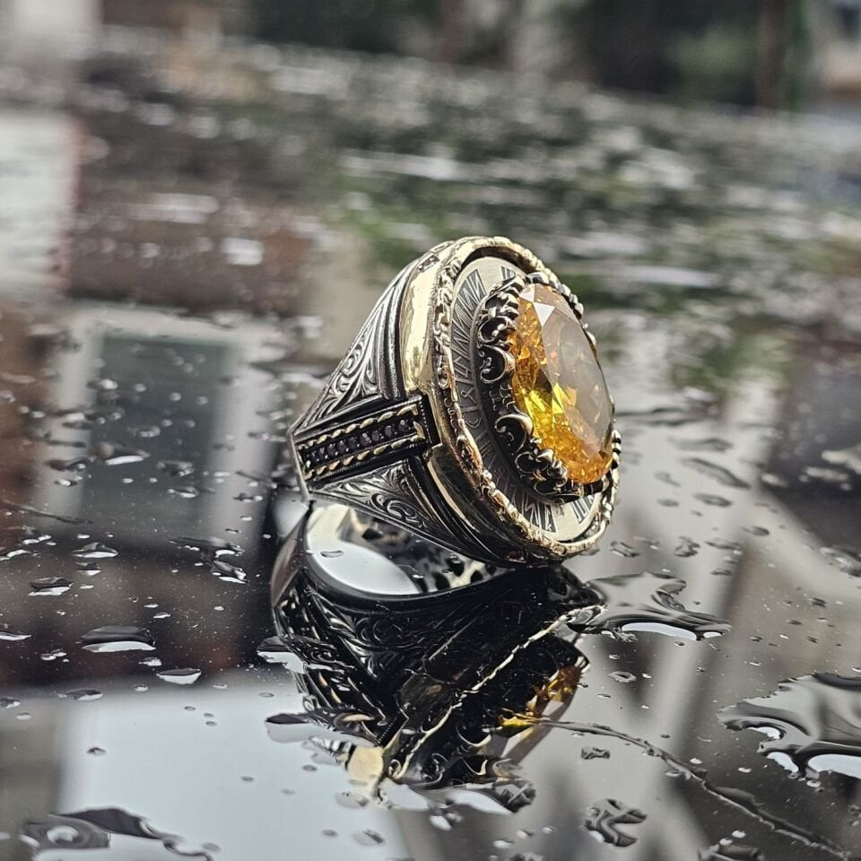 925 Ayar Gümüş Usta işçilikli Sitrin taşlı erkek yüzük