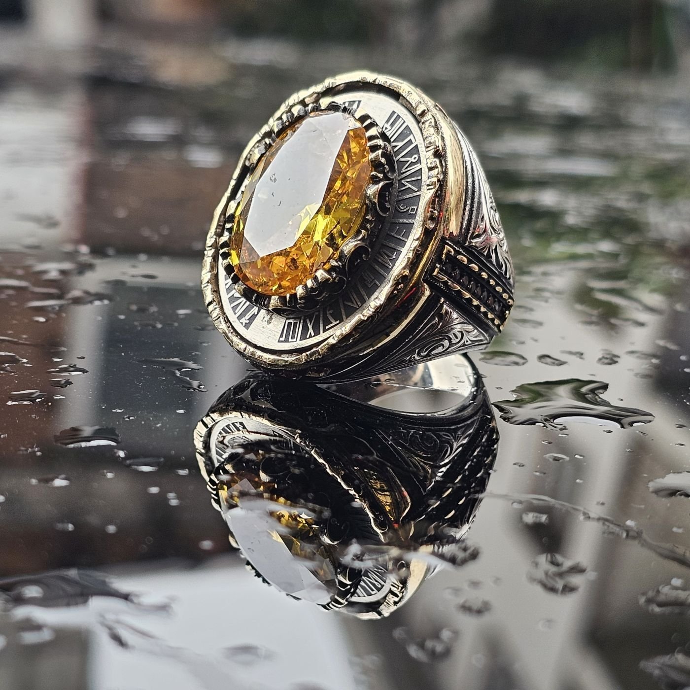 925 Ayar Gümüş Usta işçilikli Sitrin taşlı erkek yüzük