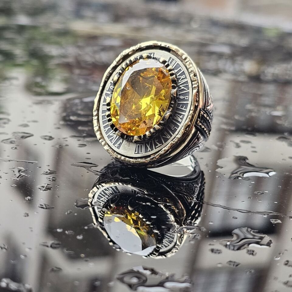 925 Ayar Gümüş Usta işçilikli Sitrin taşlı erkek yüzük