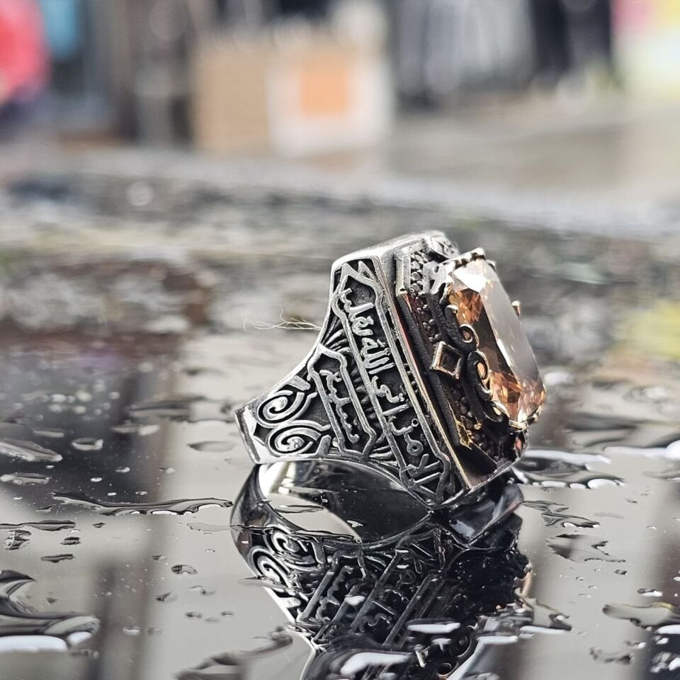 925 Ayar Gümüş Usta işçilikli Kare Sitrin taşlı Dua işlemeli erkek yüzük