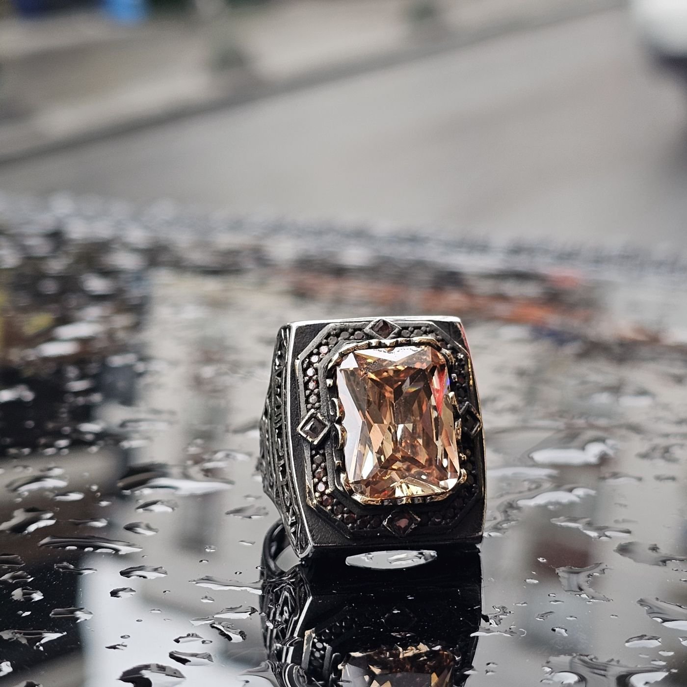 925 Ayar Gümüş Usta işçilikli Kare Sitrin taşlı Dua işlemeli erkek yüzük