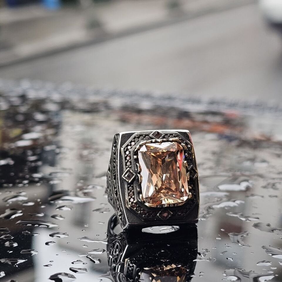 925 Ayar Gümüş Usta işçilikli Kare Sitrin taşlı Dua işlemeli erkek yüzük