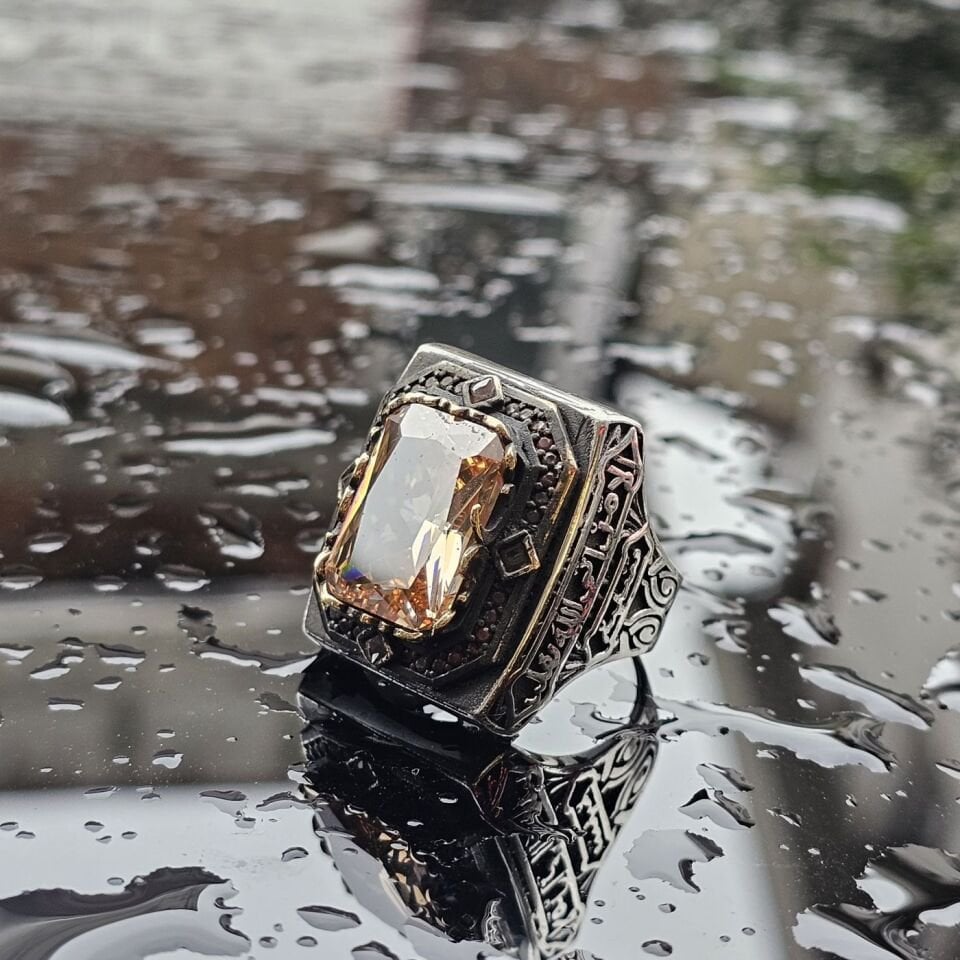 925 Ayar Gümüş Usta işçilikli Kare Sitrin taşlı Dua işlemeli erkek yüzük