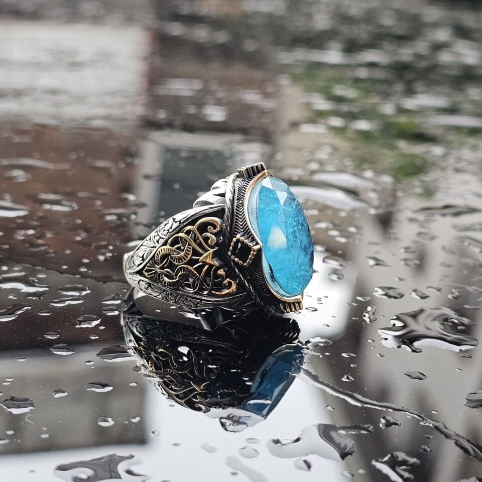 925 Ayar Gümüş  Paraiba taşlı erkek yüzük