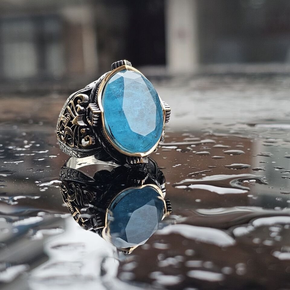 925 Ayar Gümüş  Paraiba taşlı erkek yüzük