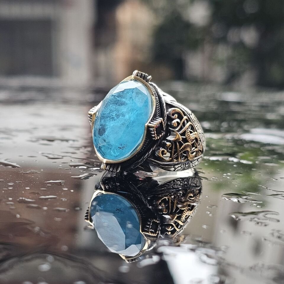 925 Ayar Gümüş  Paraiba taşlı erkek yüzük
