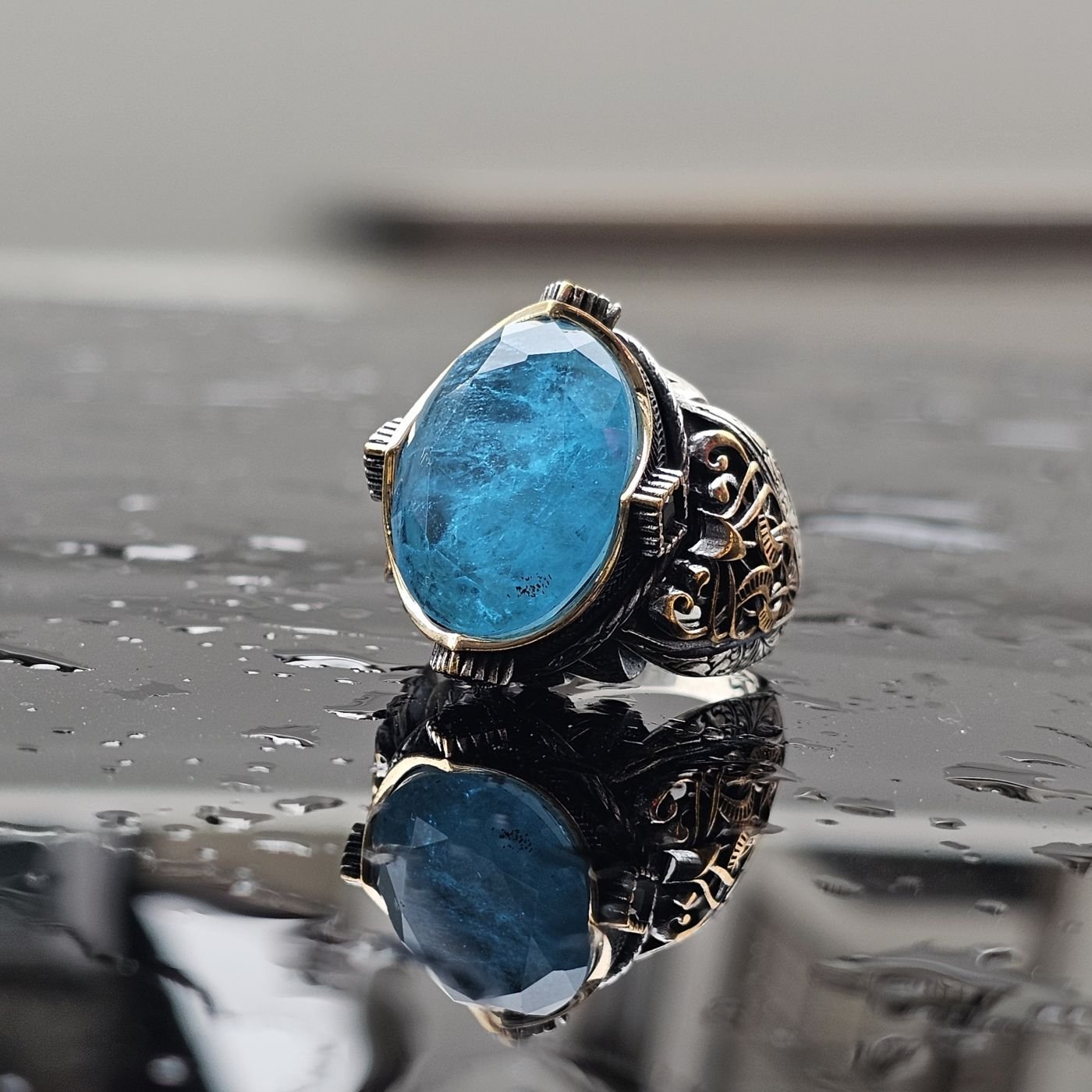 925 Ayar Gümüş  Paraiba taşlı erkek yüzük