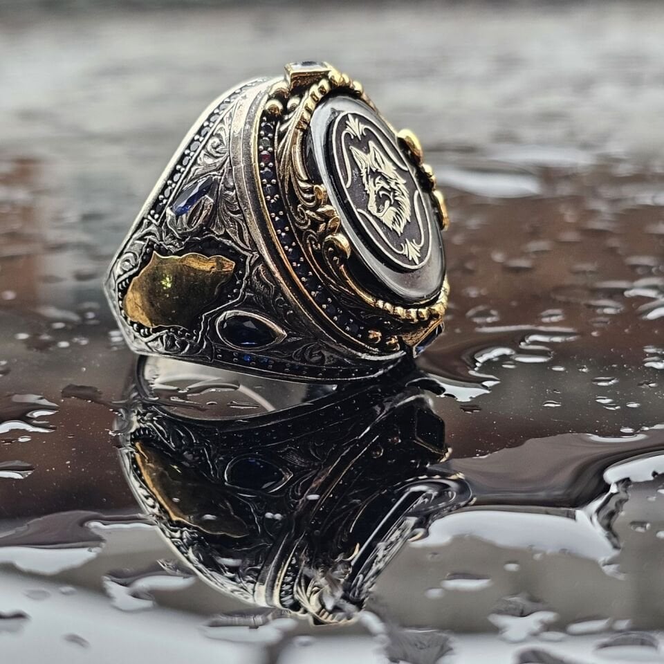 925 Ayar Gümüş Bozkurt işlemeli erkek yüzük